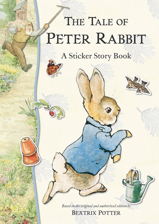 Het omslag van 'The Tale of Peter Rabbit: A Sticker Story Book', met Peter Rabbit in een blauw jasje. Inclusief een tuinman, vlinder, tuinspuit en pot.