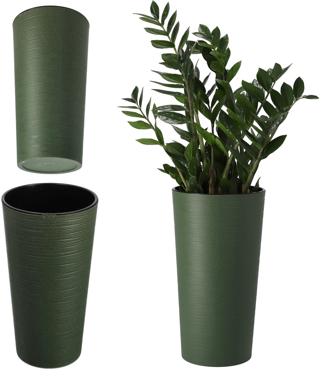 KADAX Bloempotten met houtspaanders, 3-delige set, elegante bloempot met uitneembare inzetstuk, bloempotbescherming voor kantoor, bloembak, pot, tuinschaal (zwart beton