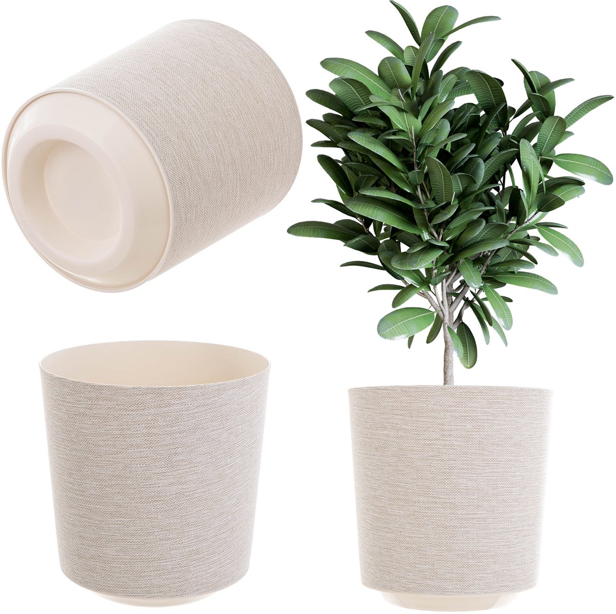 KADAX Decoratieve bloempot, ronde plantenpot, kunststof bloempot, plantenpot voor teelt van planten, kruidenpot voor binnen en buiten (crèmekleurig, 25 cm)