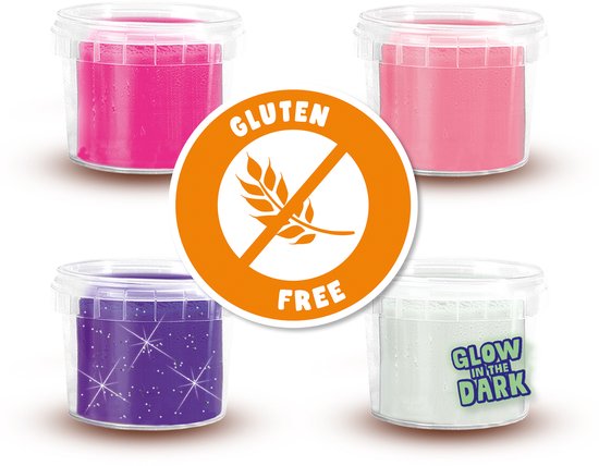 Vier potjes klei: twee felroze, een glitterpaars en een wit potje met 'Glow in the Dark' en 'Gluten Free' tekst.