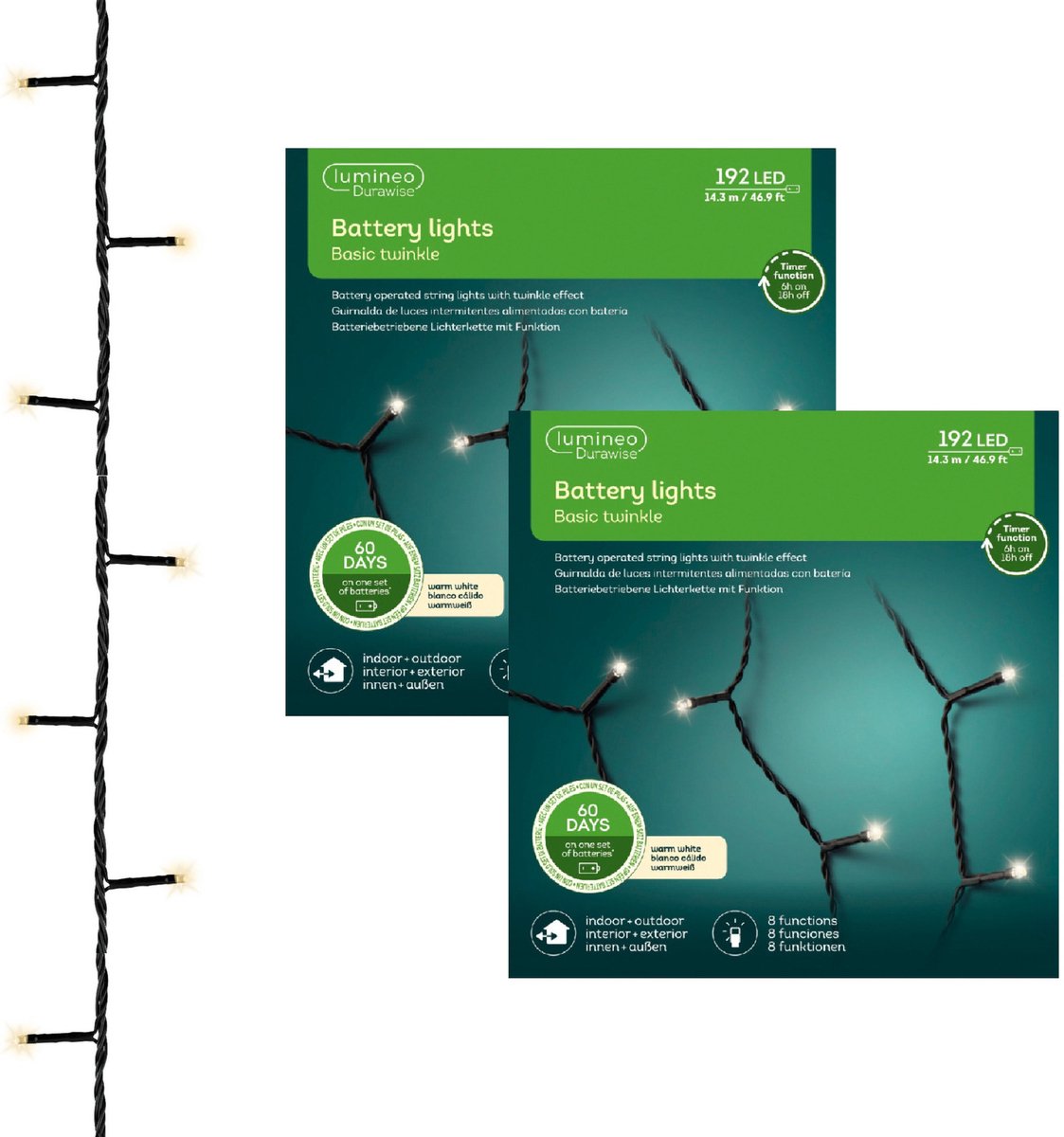 Kerstverlichting - 2x - twinkle - op batterij - warm wit - buiten - 192 lampjes - boomverlichting