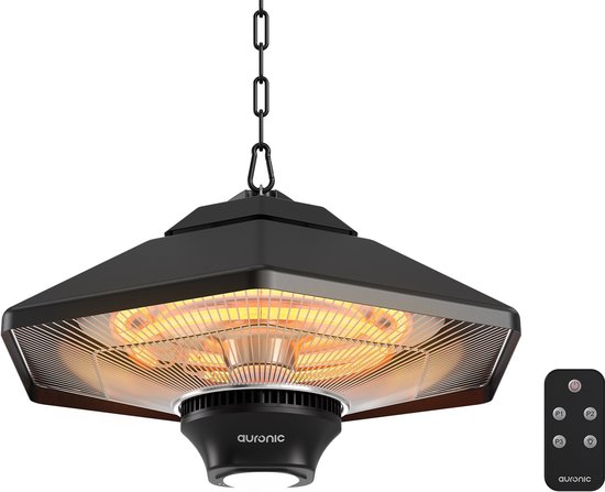 Auronic Terrasverwarmer - Infrarood Verwarming - Hangend - 20m2 - Elektrisch - 2000W - Afstandsbediening - 3 Standen - Zwart