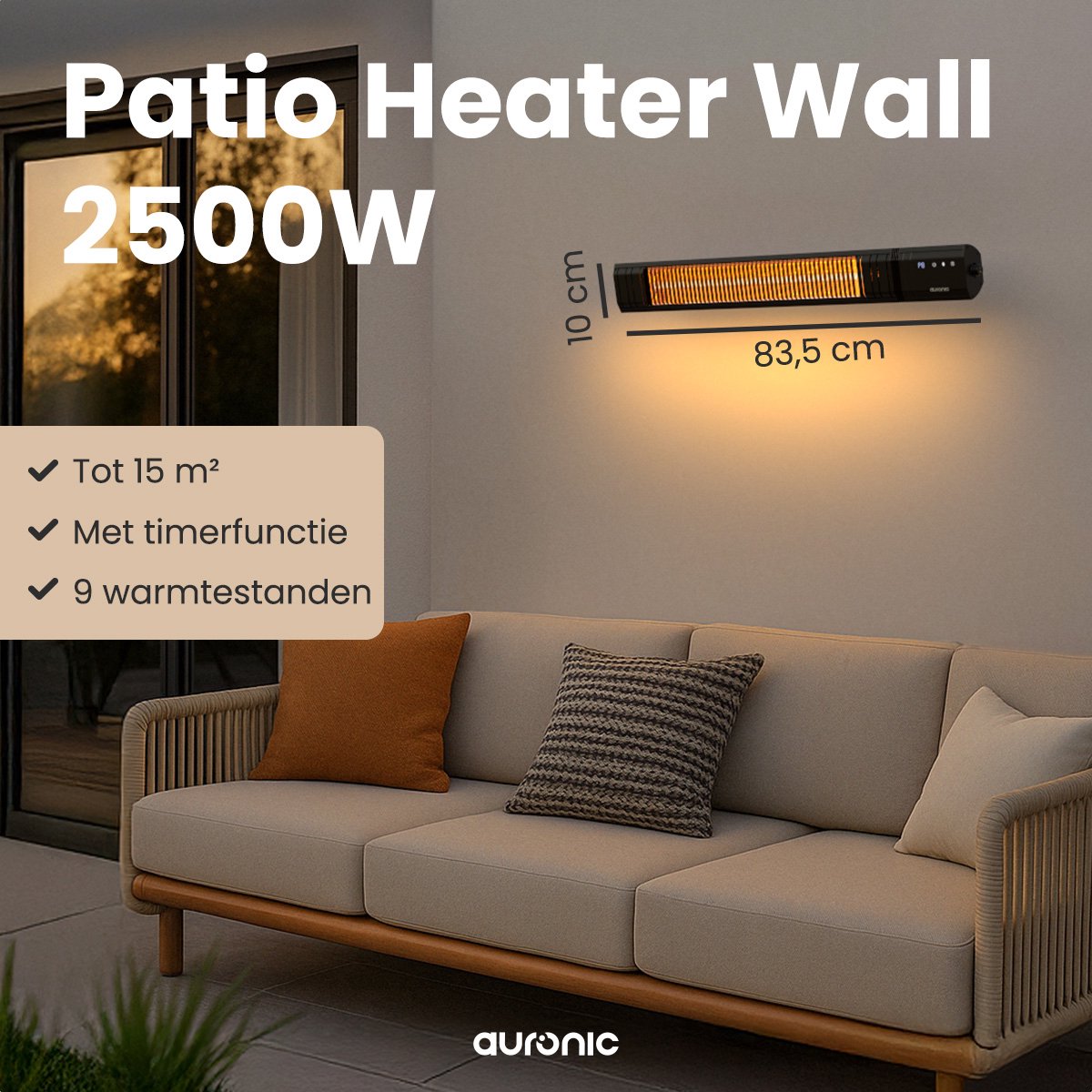 Auronic Terrasverwarmer - Infrarood Verwarming - Touch Display - 15m2 - IP65 - Elektrische Heater - 2500W - Afstandsbediening - 9 Standen - Zwart – foto 2