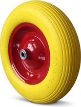 Gele kruiwagenband met rode velg, met tekst 'NOT FOR HIGH-WAY USE'.