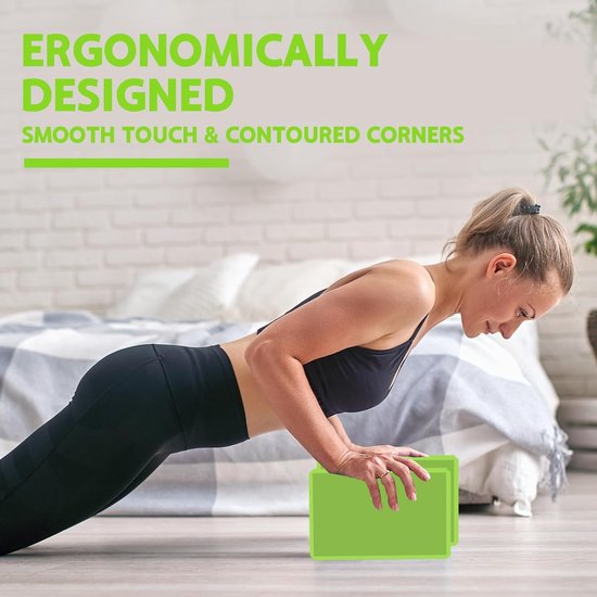 Set van 2 - Yogablok van EVA met hoge dichtheid - Latexvrij en antislip - Met afgeschuinde randen - Geschikt voor yoga/pilates/meditatie - Ondersteuning en stabiliteit - Diepe rekbaarheid - Professioneel sporttrainingsblok - Groen — afbeelding 4