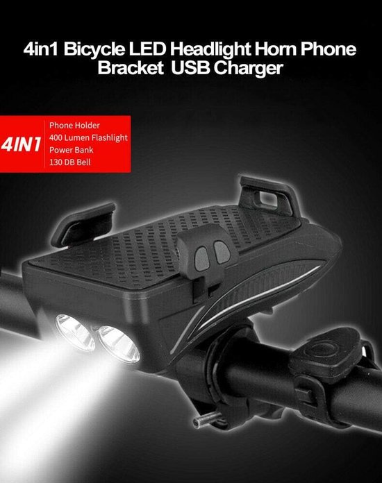 fietslamp - fiets verlichting - fietslamp voorlicht - 4-in-1 fietskoplamp - telefoonhouder - telefoonhouder fiets - telefoon houder - fietshoorn - USB oplaadbaar - 4000 mAh - universeel verstelbaar, schokabsorberend, waterdicht — afbeelding 3