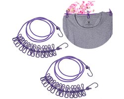 2 stuks - Elastische waslijn - Met 12 wasknijpers - Kampeerwaslijn - Kampeeraccessoires - Reiswaslijn voor buiten en binnen - Droogrek voor buitenkleding - Paars