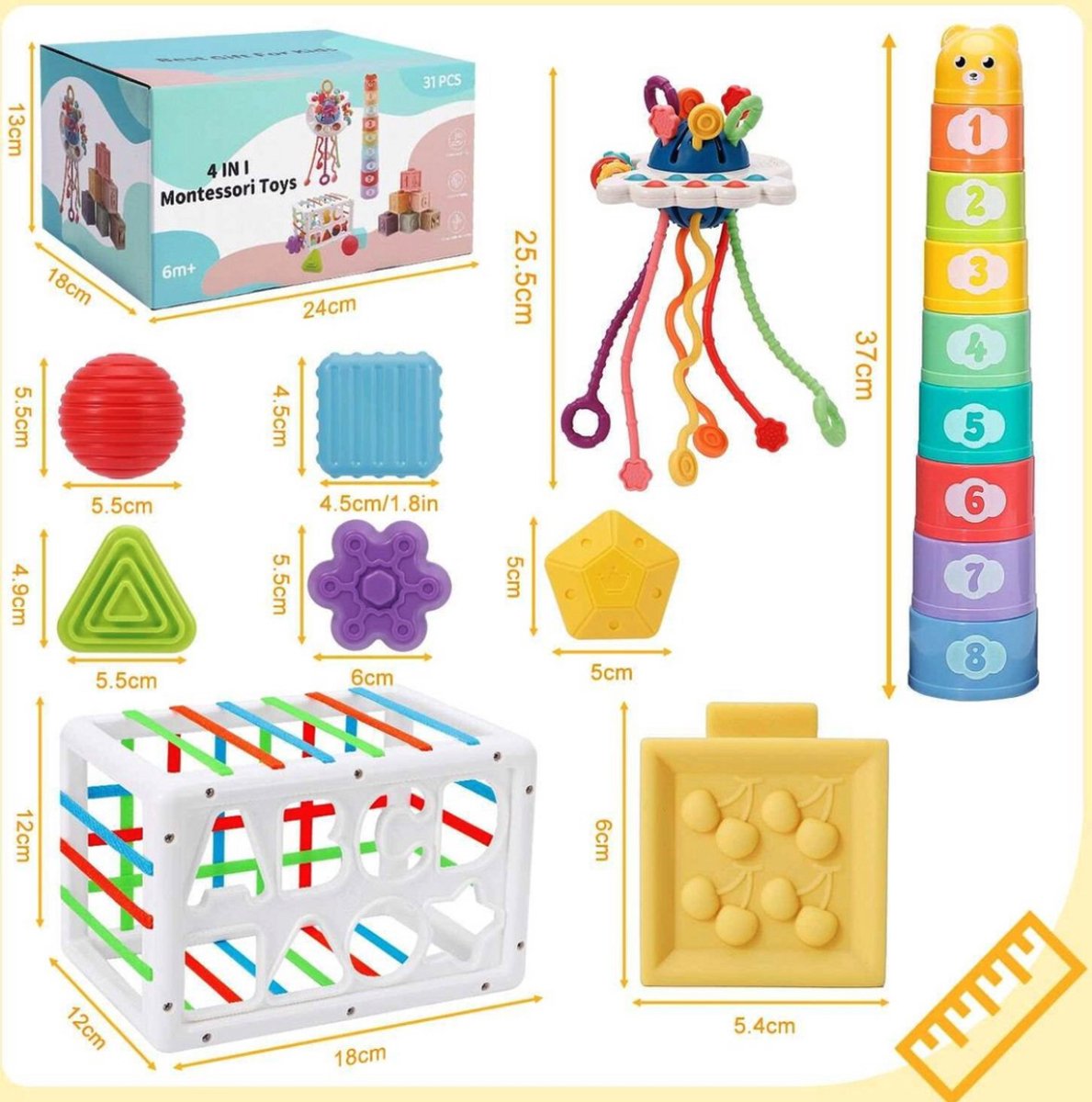 Baby Speelgoed - Speelgoed 1 Jaar - Montessori Speelgoed - Kinderspeelgoed - 4 in 1 Stapelblokken, Bijtring, Vormenstoof & Stapeltoren — afbeelding 5