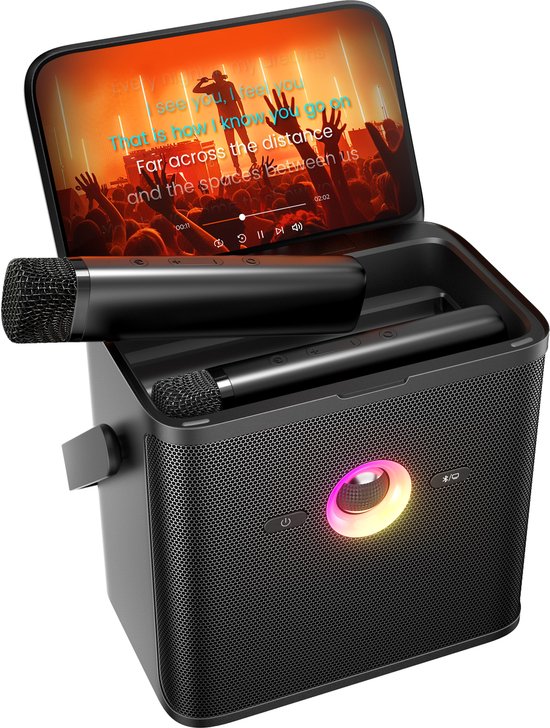 Zwarte Ikarao karaokeset met twee microfoons en een scherm waarop songteksten worden weergegeven.