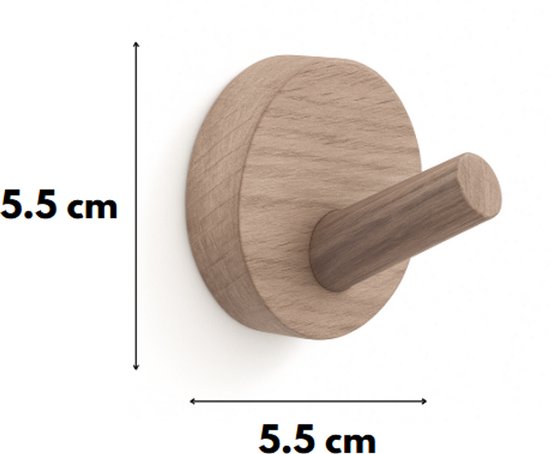 Houten wandhaak, licht walnootkleurig, 5.5 cm breed en 5.5 cm hoog.