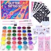 Sminty® Glitter Tattoo Set – Glow in the Dark – 36 Kleuren – Sjablonen & Penselen – Diamanten stickers – Voor Kinderen – Waterdicht & Huidvriendelijk