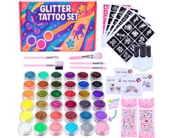 Sminty® Glitter Tattoo Set – Glow in the Dark – 36 Kleuren – Sjablonen & Penselen – Diamanten stickers – Voor Kinderen – Waterdicht & Huidvriendelijk