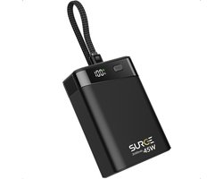 Surge Powerbank 20.000mAh - 45W snellader met ingebouwde USB-C kabel en USB-C + USB-A Poort - Geschikt voor Telefoon, Tablet en Laptop