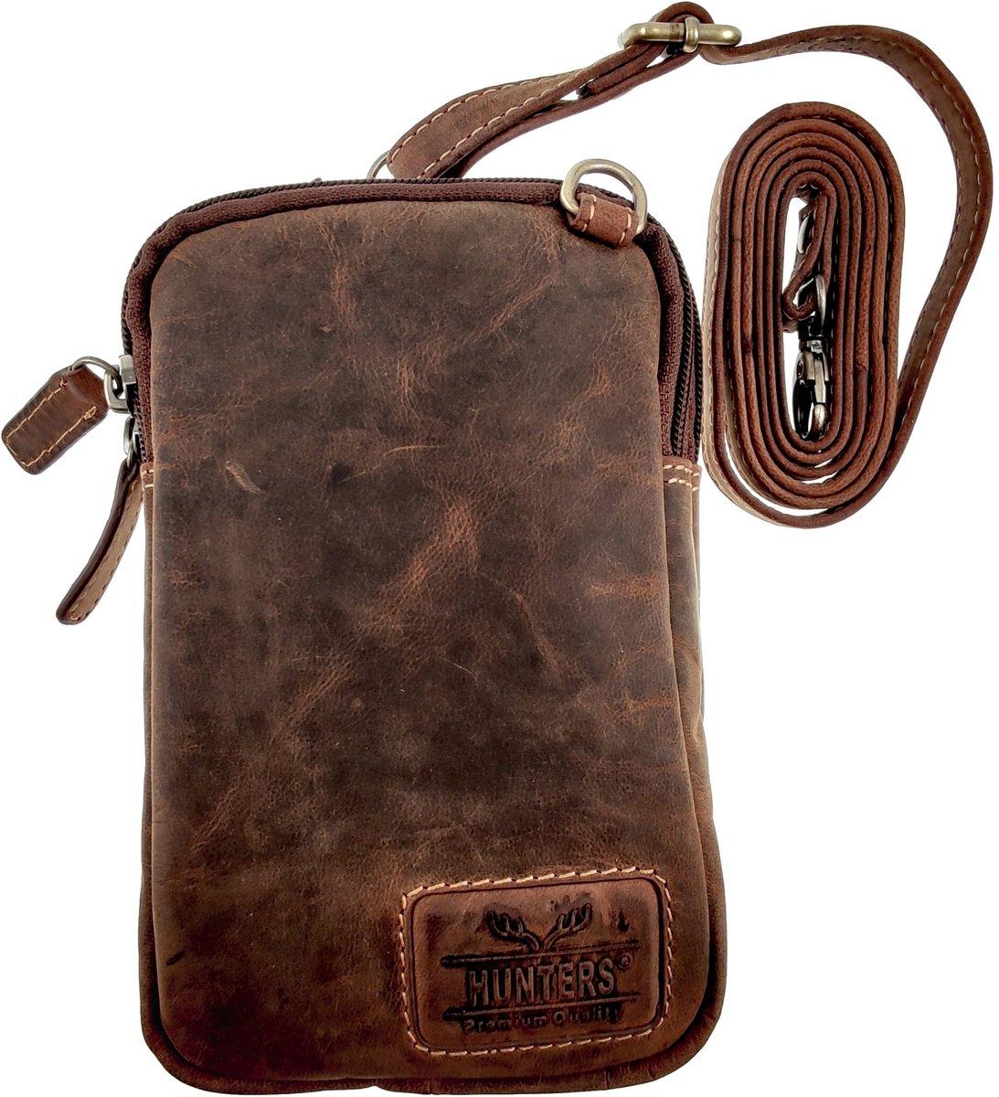 Schoudertas van 100% Buffelleer in Bruin, Stijlvol Telefoontasje, Crossbodytas Unisex - Verstelbare Riem tot 145 cm