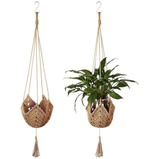 2 Stuks Macrame Plantenhangers - Plantenhanger binnen - Bohemian handgemaakte gevlochten katoenen hangpot - Plantenhaak - Creatieve tuinplantennetzak - Hangende pothouder van touw - Plantenhanger voor tuinmuur - Bruin