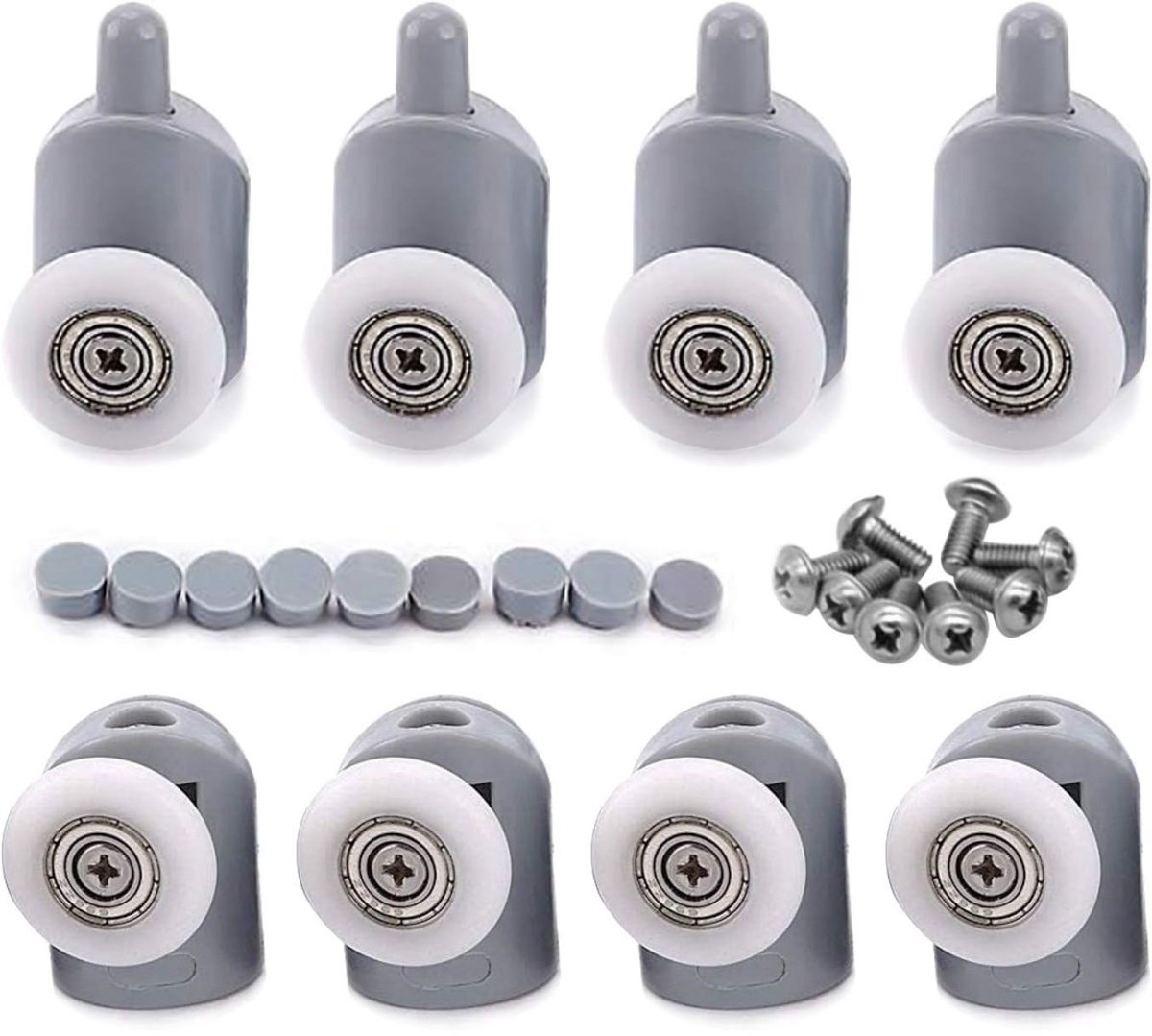 TOVBMUP 4 paar schuifdeurrollen - Douchedeurrollen - Dubbele rollen - Stevig en duurzaam - Roestbestendig - Geschikt voor badkamers, doucheruimtes, glazen deuren - 23 mm - 4 bovenste rollen en 4 onderste rollen