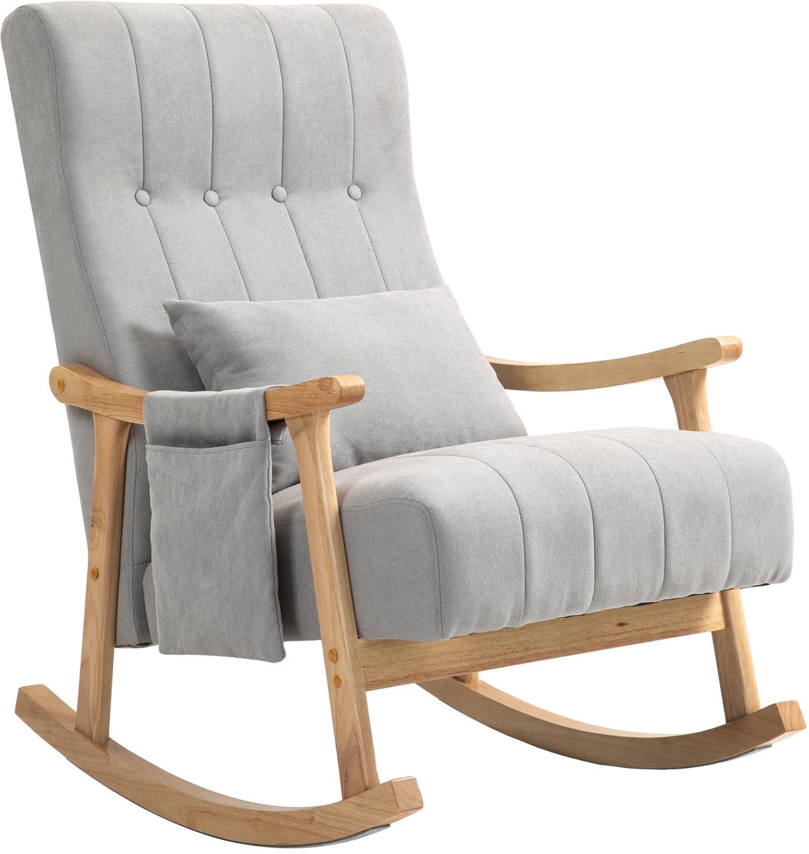 Merax Schommelstoel Grijs – Relaxstoel met Rugkussen en Zijvak – Houten Onderstel – Comfortabele Stoel