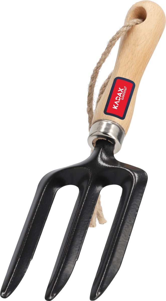 KADAX Kleine bloemenvork van metaal, grafvork met comfortabel houten handvat, tuinvork, grafvork, tuinvork met afgeronde randen, tuingereedschap (3 tanden, zwart)