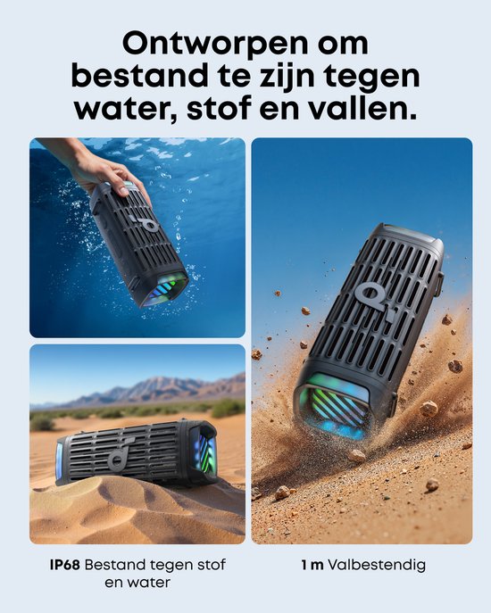 Illustratie van de weerbestendigheid van de Soundcore speaker: onder water, in zand en vallend.
