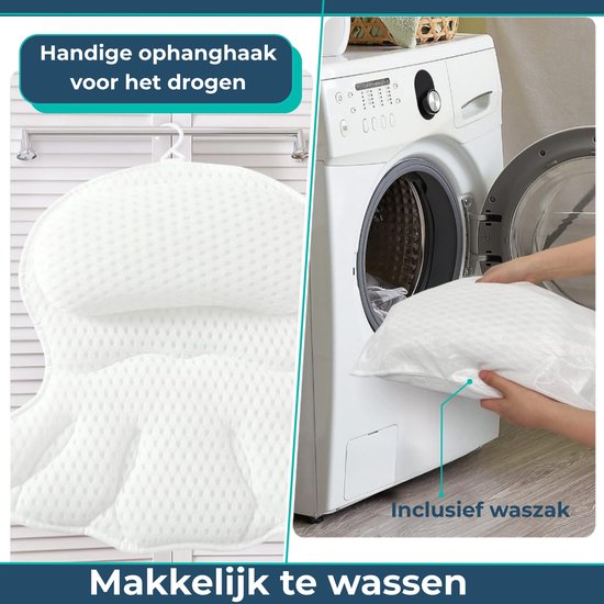 Wit badkussen met ophanghaakje voor drogen en een waszak voor de wasmachine.