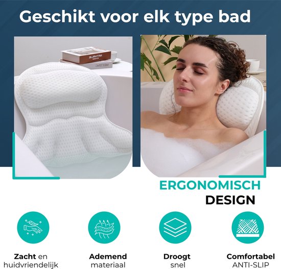 Wit badkussen met nekkussen, een vrouw ontspant in een bad. Geschikt voor elk type bad.