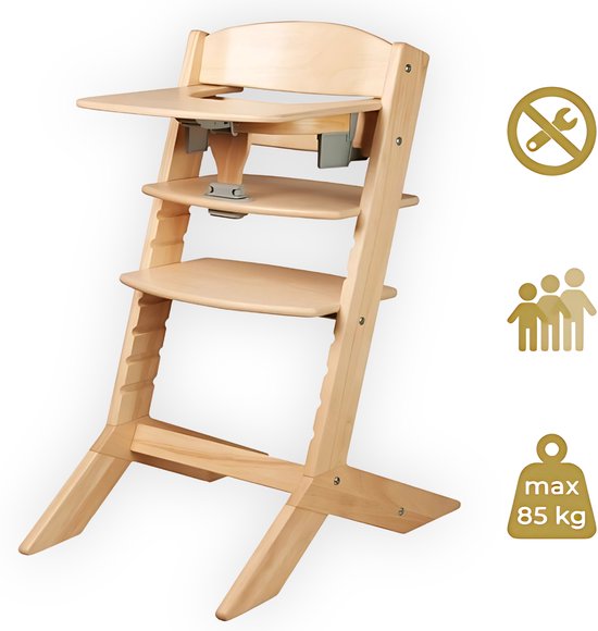 Chaise haute en bois Geuther - Syt - Chaise évolutive pour enfants de 6 à 36 mois - Plateau repas inclus - Ceinture de sécurité 5 points - 61x49x83cm - Eco/bois