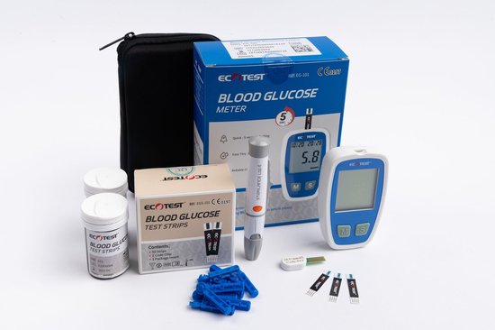 Bloedsuikermeter Startpakket Bloedglucosemeter + 50 Teststrips en Lancetten Ecotest - Draagtasje en Batterij Inbegrepen - Makkelijk Thuis Testen