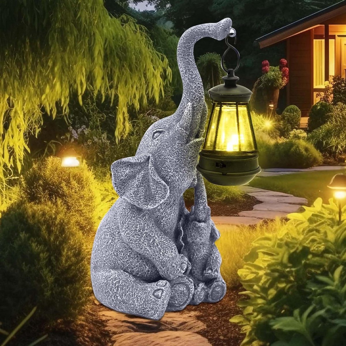 ByShane - Zonne-aangedreven olifant standbeeld met LED-lantaarn, weerbestendige tuindecoratie - Olifant moeder en puppy cadeau-idee voor vrouwen, moeder, verjaardag, kerst voor terras, balkon, binnenplaats.