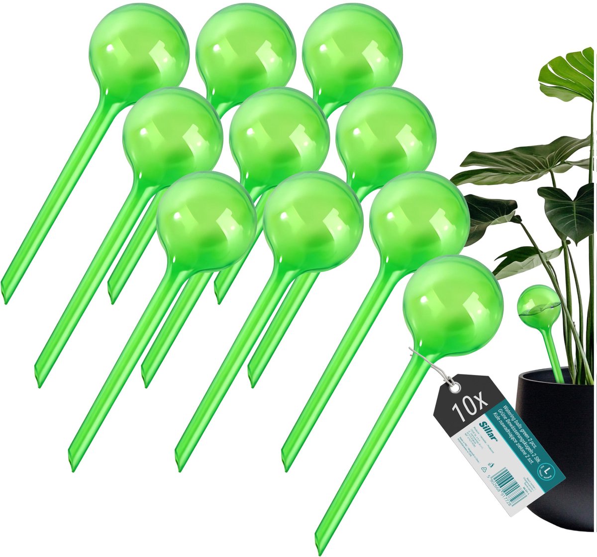 Sillar, waterdruppelaar voor planten, set 10 stucks, druppelsysteem, waterbol voor kamerplanten, 250ml, 24cm, L, groen