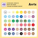 Kleurenoverzicht van 48 Arrtx acrylmarkers, met nummers en kleurnamen.