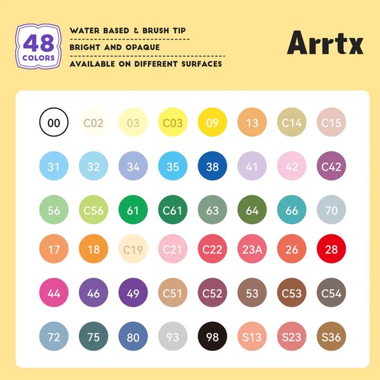 Kleurenoverzicht van 48 Arrtx acrylmarkers, met nummers en kleurnamen.
