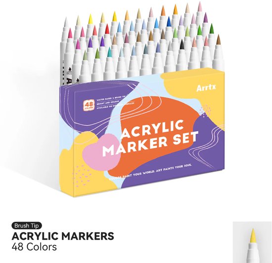 Arrtx acryl marker set met 48 kleuren, met verpakking en alle markers zichtbaar.