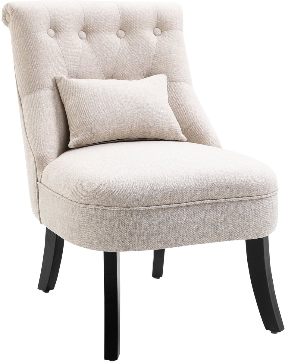 Merax Fauteuil Crème Wit – Relaxstoel met Rugkussen en Massief Houten Poten – Vintage Stoel 52,5x69x77 cm