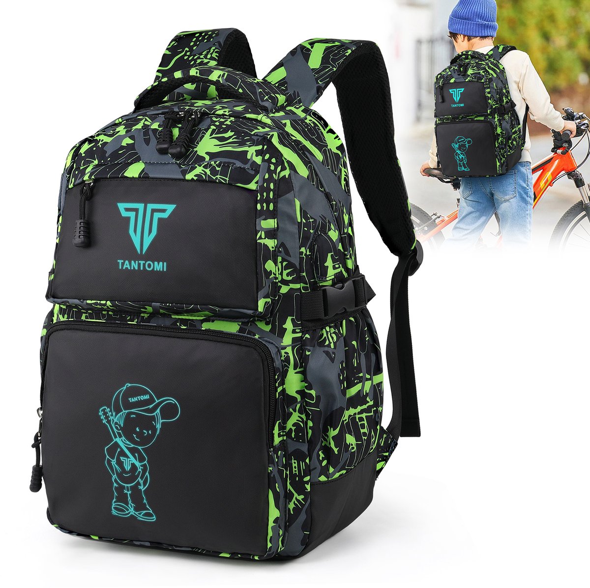 TAN.TOMI - Rugzak Jongens - Schoolrugzak met USB - Reflecterende Rugzak - Meisjes Rugzak - Tieners Dagrugzak - Kinderen Nachtzak - Reflecterende Schooltas - Zwart/Groen
