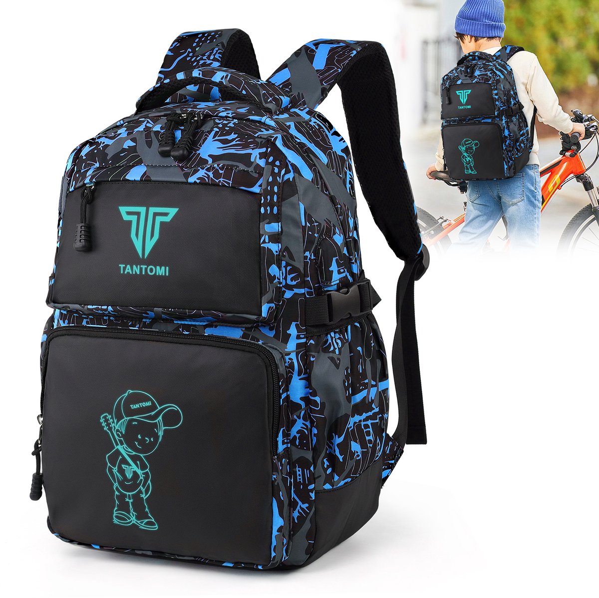 TAN.TOMI - Rugzak Jongens - Schoolrugzak met USB - Reflecterende Rugzak - Meisjes Rugzak - Tieners Dagrugzak - Kinderen Nachtzak - Reflecterende Schooltas - Zwart/Blauw
