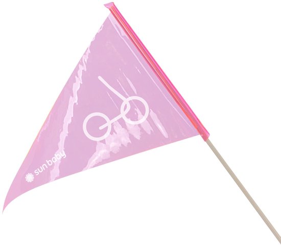 Roze driehoekige fietsvlag met de tekst 'sun baby' en een wit fietslogo.