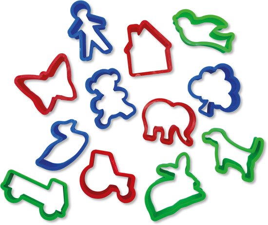 Verzameling van twaalf kleurrijke deegvormpjes: olifant, vogel, huis, boom, vlinder, teddybeer, konijn, hond, traktor, auto, boot en poppetje.
