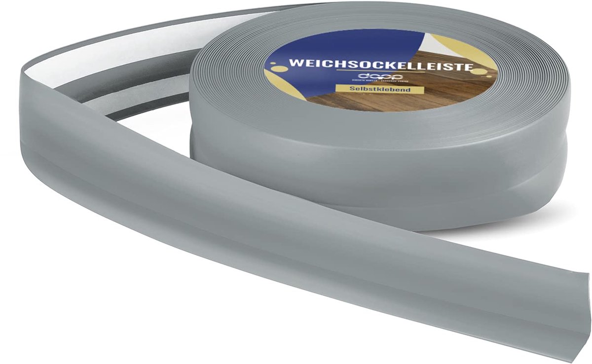 DQ-PP ZACHTE PLINT - 50 m (2xw5m) - Asgrijs - 32 x 23 mm - PVC - zelfklevend - knikhoek plinten rubberen strip plint hoekprofiel afsluitstrip vloerlijst