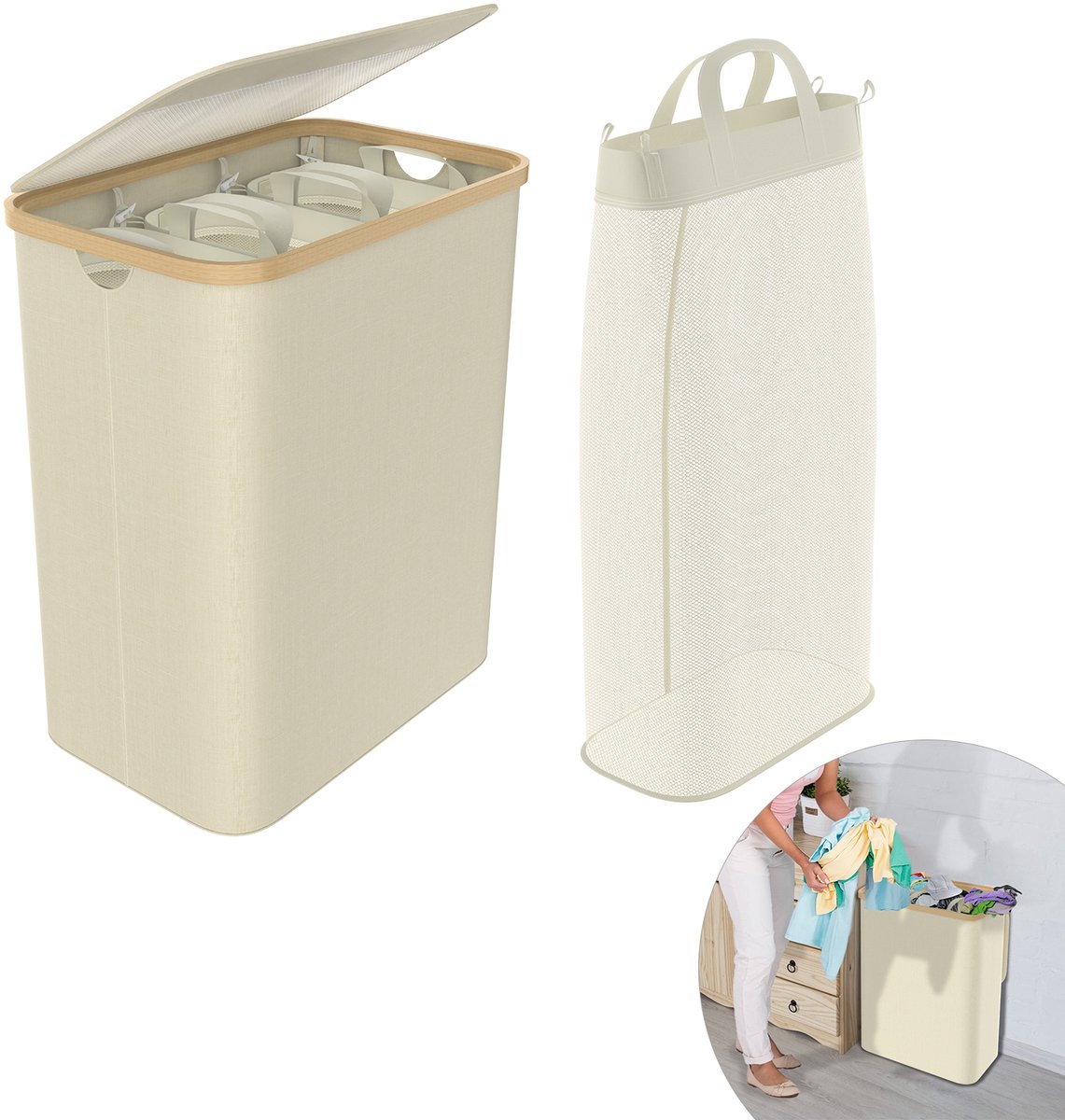 Wasmand 3 vakken - Wassorteerder van bamboe met Oxfordweefsel - Met Deksel opvouwbaar Opbergmand - 140L - Beige