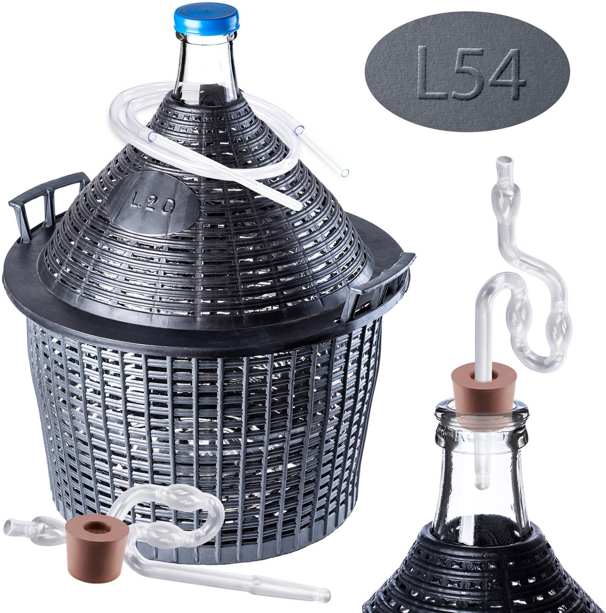 KADAX Glazen ballonset, 54 liter, fermentatieballon met kunststof mand en fermentatie-accessoires, rubberen stop, fermentatiebuisje, smalle opening, wijnballon, fles, glazen fles (kunststof