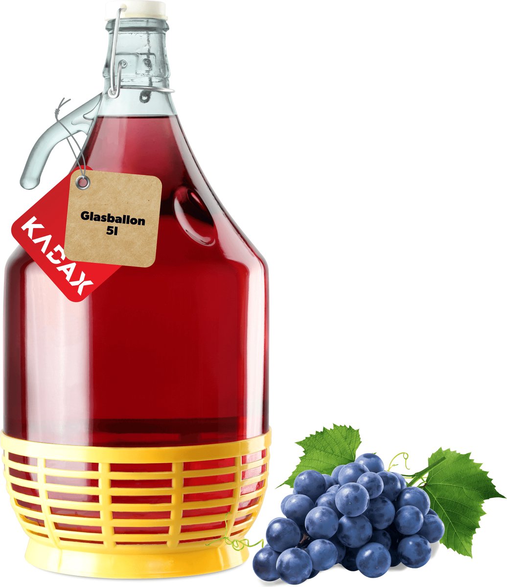 KADAX Wijnballon, 5 liter, glazen ballon voor wijn, smalle opening, fermentatieballon, gallon, fermentatiecontainer, fles, glazen fles, glazen gistballon, gastenrijmer, ballon met mand van kunststof
