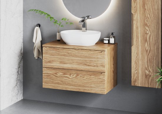 Meubel Square - Badkamermeubel set Neva 80cm - Eiken - Badmeubel met Waskom - Wastafelkast Zwevend