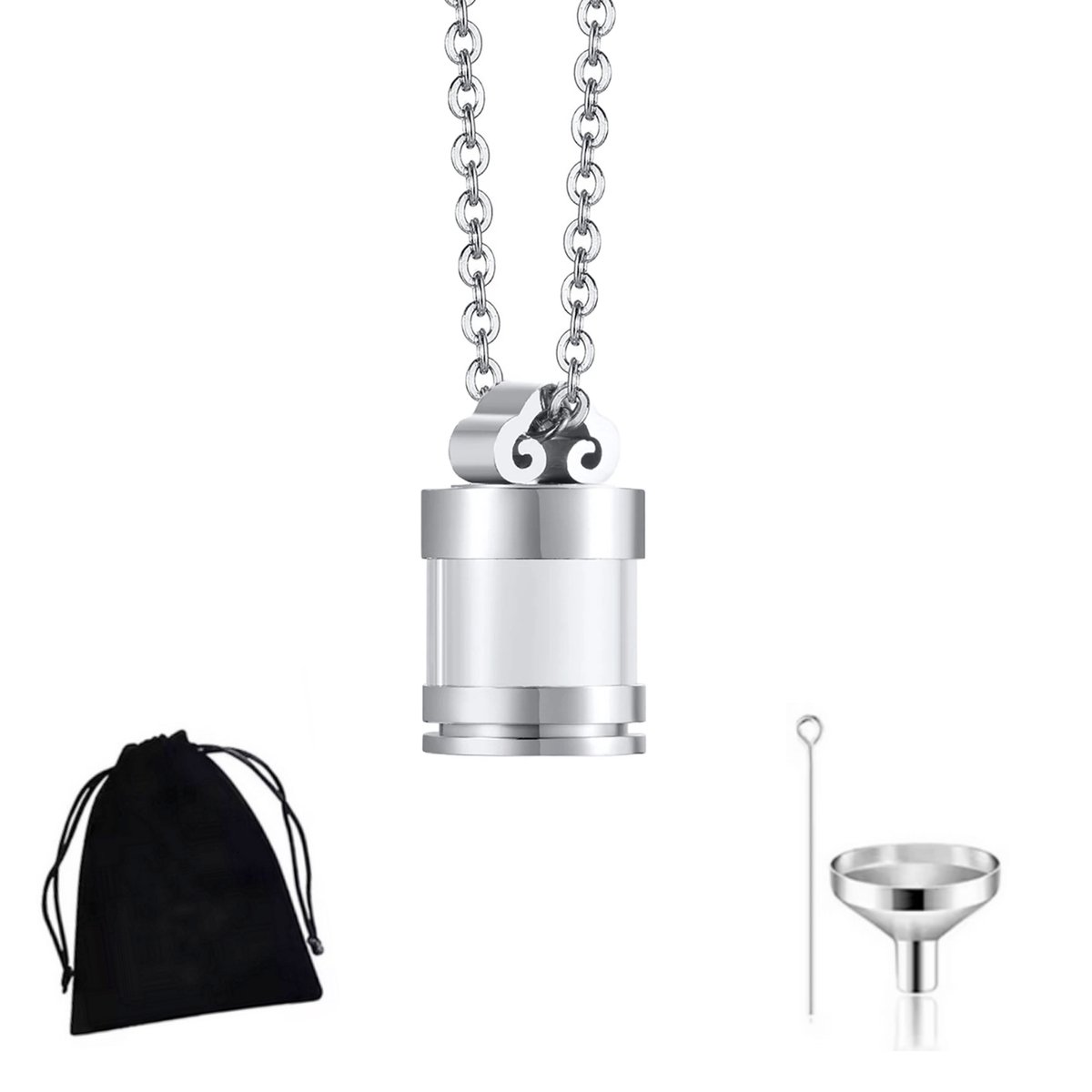 Winkrs - Ashanger – Zilverkleurige Cilinder met Doorkijkje - as-sieraad, gedenkhanger, urn– 58 cm Ketting – RVS Gedenksieraad met vuller
