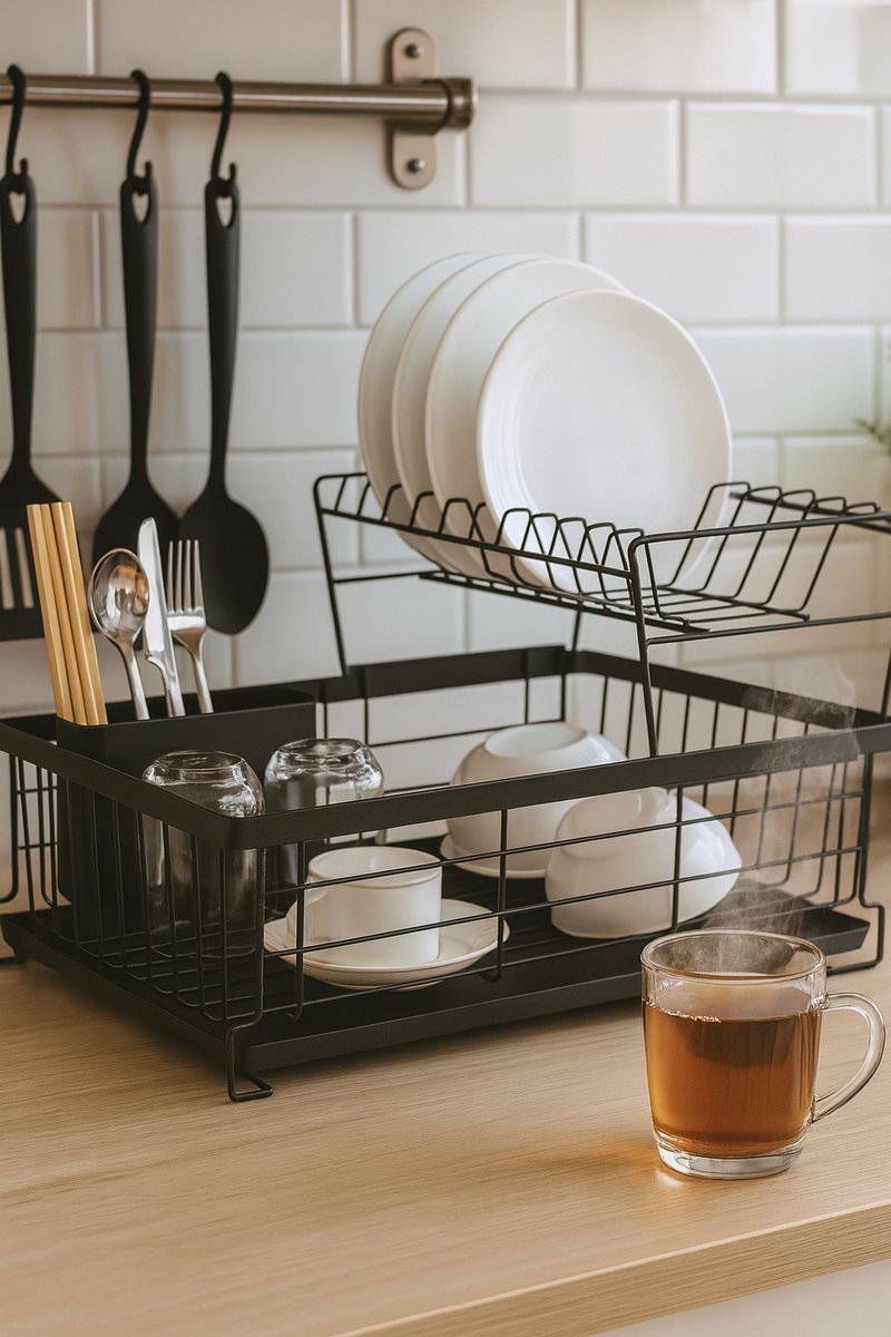 Precisie Home - Afdruiprek Zwart – 2-Lagen – Met Bestekhouder & Lekbak – Stijlvol Metalen Afdruiprek Voor Borden, Glazen & Bestek