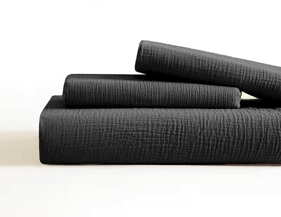 Y-NOT™ - Mousseline Zwart - Dekbedovertrek - 140x200/220 1-Persoons - 1 kussensloop 60x70cm - 160TC 2 layer mousseline 100% katoen - 30 dagen proefslapen van Merkloos — afbeelding 2