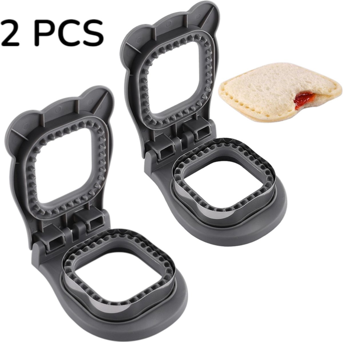 2 stuks - roestvrijstalen sandwich snij- Grijze - DIY broodsnijders voor gevulde toasts en boterhamzakjes - Vierkante vorm met schattig beervormig patroon - 12,5 x 15,5 x 4,5 cm - Ideaal voor lunchboxen, kinderen en creatieve keukenprojecten