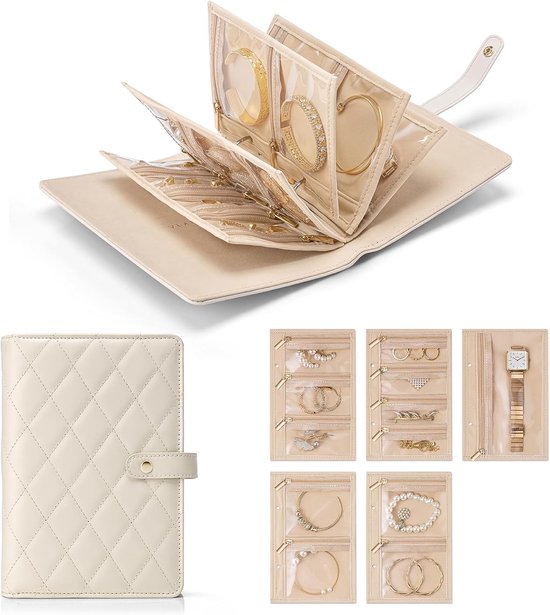Vlando Sieradendoos, reisopbergzakken, modern decor, PU-lederen sieradenetui voor 12 doorzichtige fluwelen zakken, Valentijnsdag, wieden, herdenkingsdag, Britse cadeau, wit