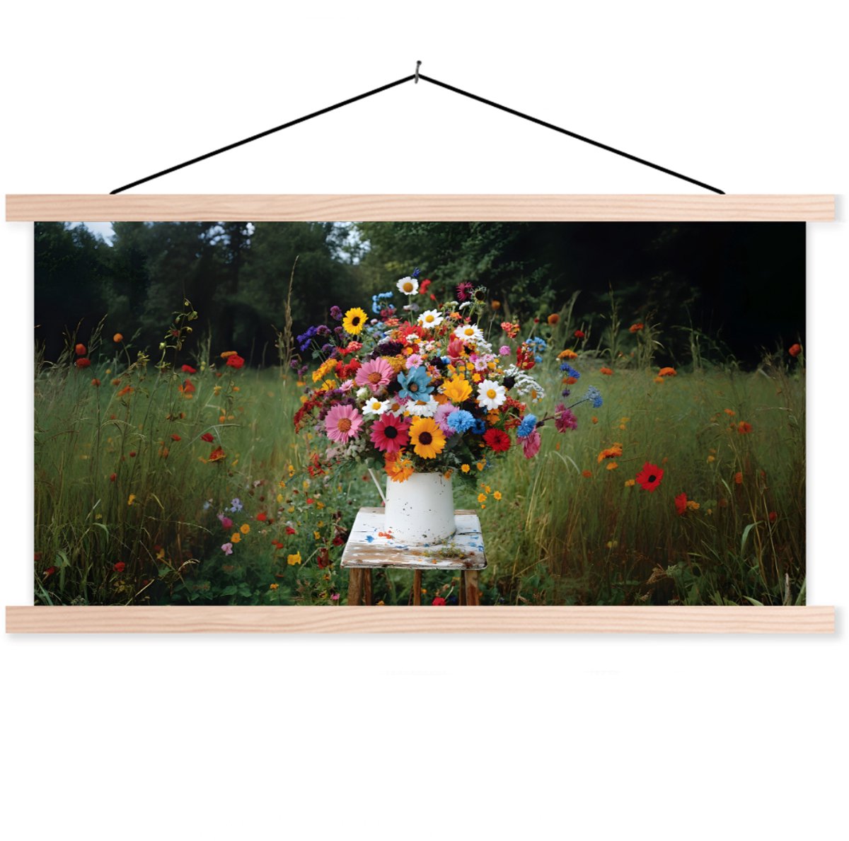Posterhanger incl. Poster 90x45 cm - Schoolplaat - Bloemen - Krukje - Gieter - Veld - Text