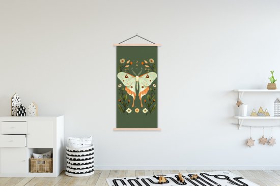 Posterhanger incl. Poster 90x180 cm - Schoolplaat - Bloemen - Bladeren - Olijfgroen - Vlinder - Textielposter - Blanke latten