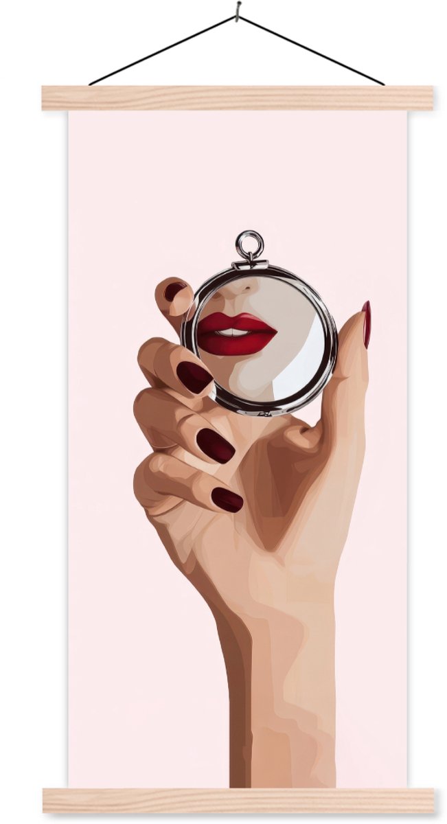 Posterhanger incl. Poster 40x80 cm - Schoolplaat - Spiegel - Rode lippen - Textielposter -